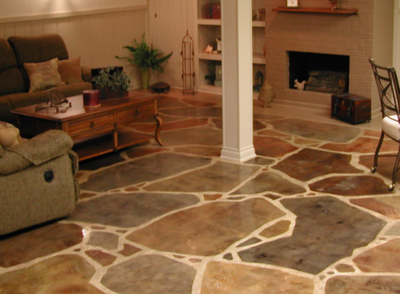 Living room done with decorative concrete flooring.